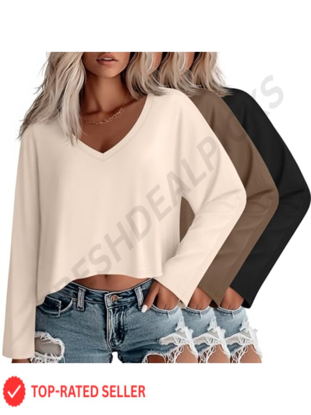 Oversized Cropped V Neck Long Sleeve T Shirts 3 Pack Women